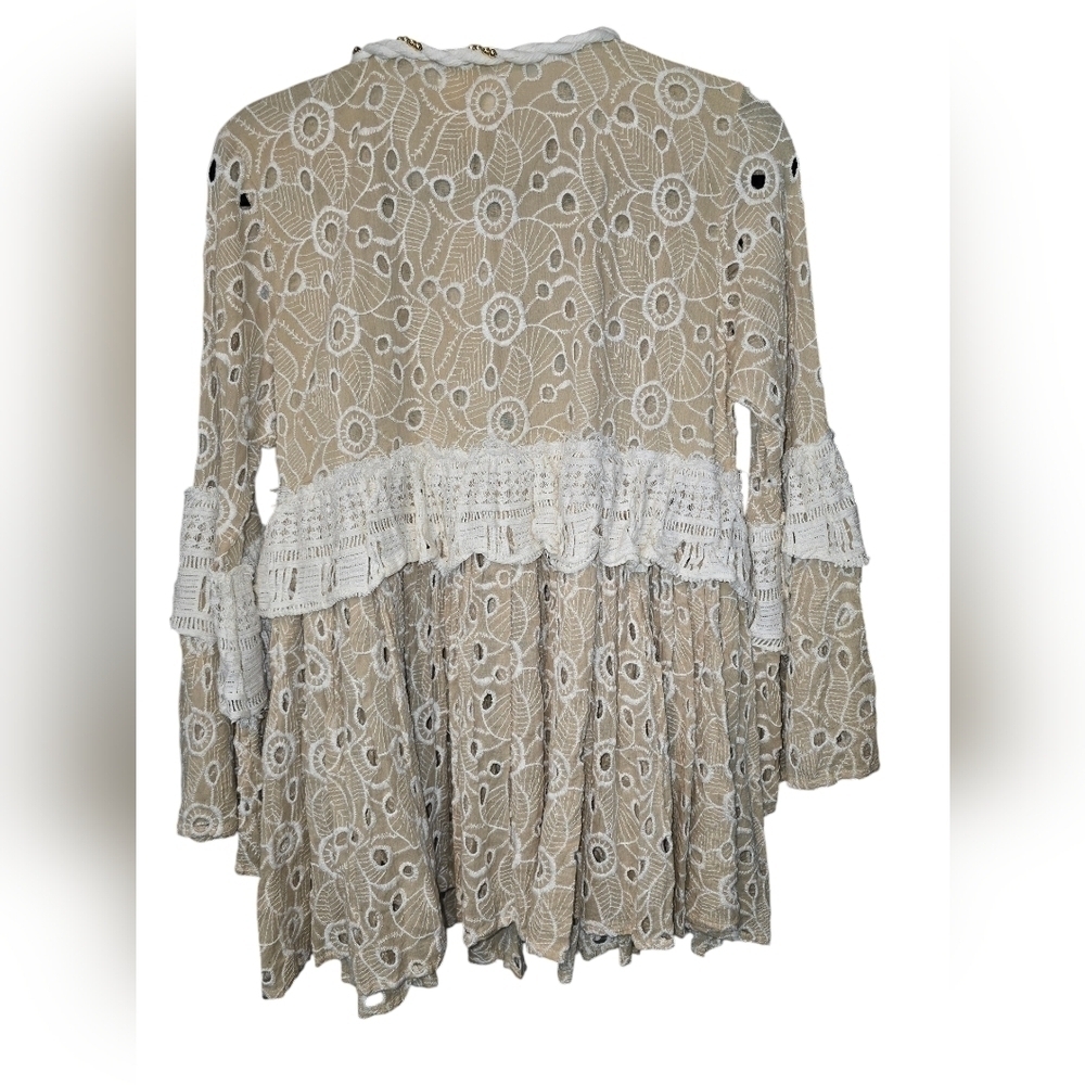 Gipsy Queen Barok Paris Boho Eyelet Lace Embroidered Open Tie-Front Cardigan Tan - Picture 10 of 16